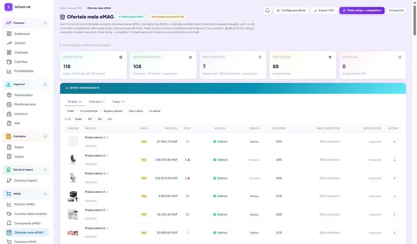 Ofertele mele eMAG: buybox, Genius, stoc și comision — Demo Comerț SRL